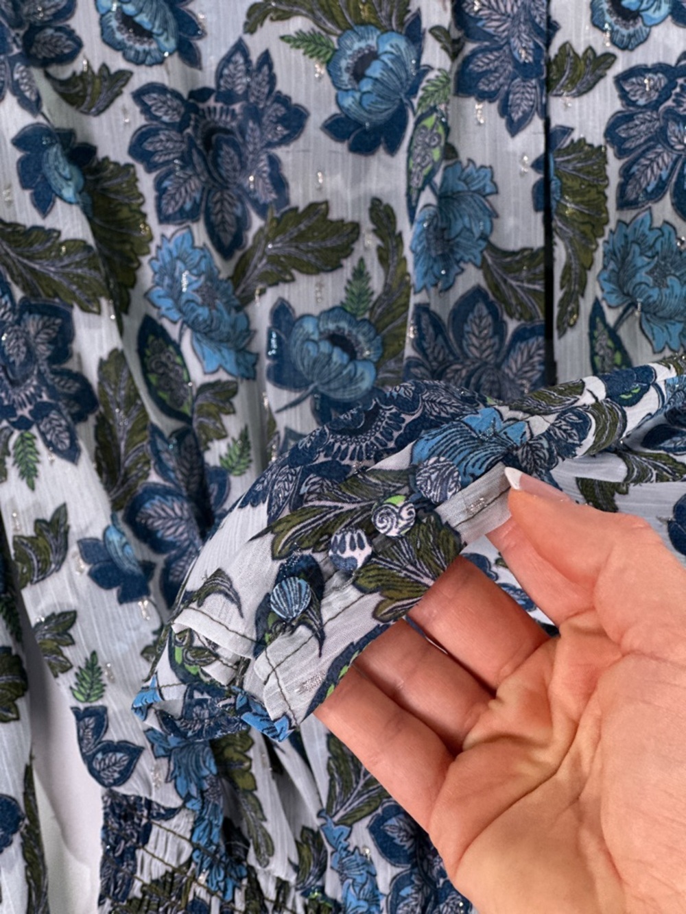 MISA Los Angeles Vida Maxi Dress Smocked Floral Lurex Blue Green L - Picture 8 of 16